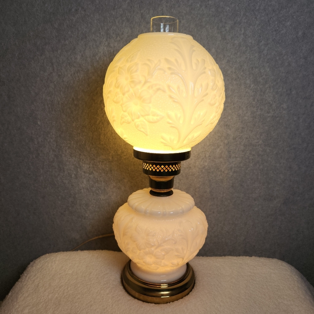 Vintage Fenton Poppy White Milk Glass Hurricane Electric MCM Lamp Dual Light